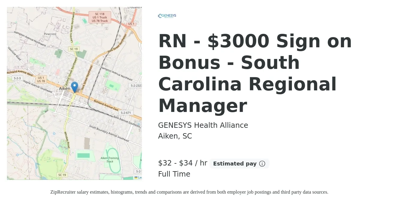 GENESYS Health Alliance job posting for a RN - $3000 Sign on Bonus - South Carolina Regional Manager in Aiken, SC with a salary of $34 to $36 Hourly with a map of Aiken location.