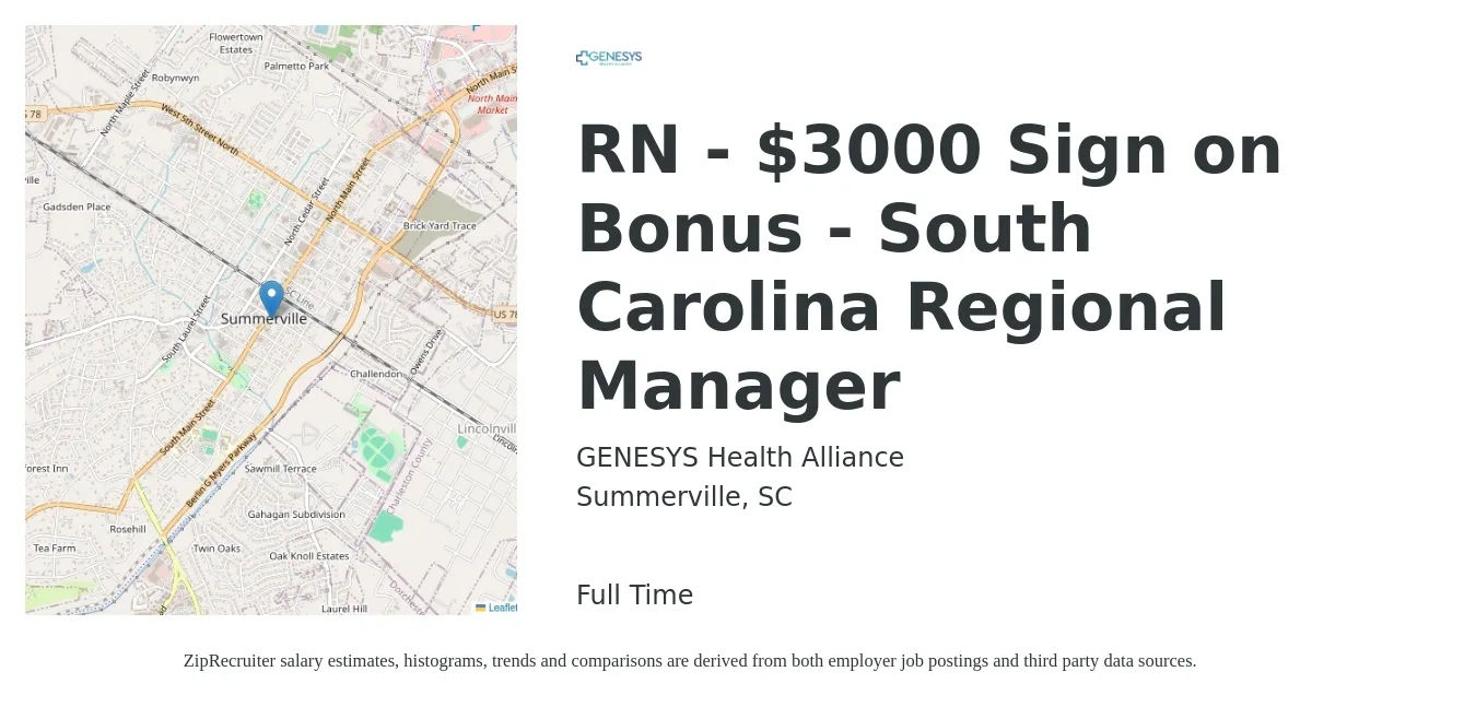 GENESYS Health Alliance job posting for a RN - $3000 Sign on Bonus - South Carolina Regional Manager in Summerville, SC with a salary of $34 to $36 Hourly with a map of Summerville location.