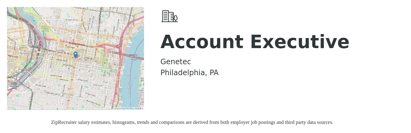 Genetec job posting for a Account Executive in Philadelphia, PA with a salary of $54,500 to $95,900 Yearly with a map of Philadelphia location.