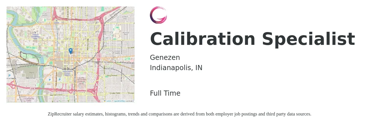 Genezen job posting for a Calibration Specialist in Indianapolis, IN with a salary of $51,100 to $61,700 Yearly with a map of Indianapolis location.