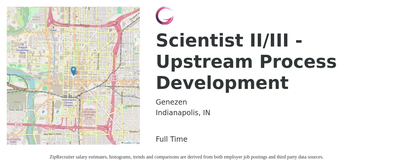 Genezen job posting for a Scientist II/III - Upstream Process Development in Indianapolis, IN with a map of Indianapolis location.