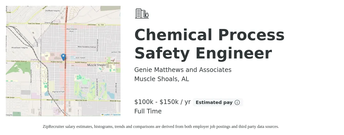 Genie Matthews and Associates job posting for a Chemical Process Safety Engineer in Muscle Shoals, AL with a salary of $100,000 to $150,000 Yearly with a map of Muscle Shoals location.