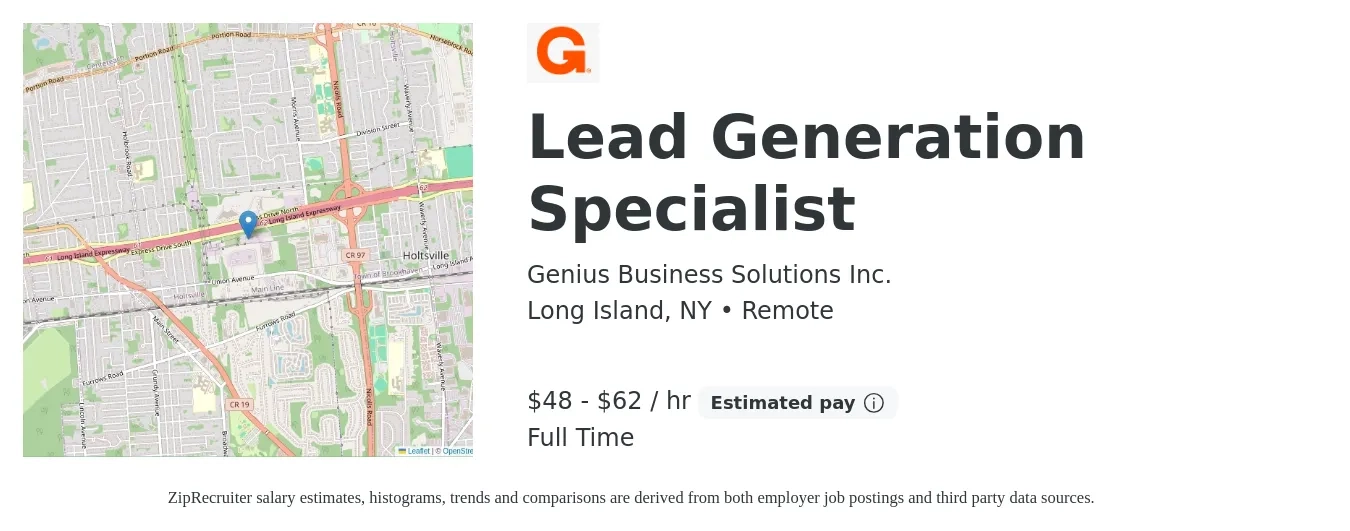 Genius Business Solutions Inc. job posting for a Lead Generation Specialist in Long Island, NY with a salary of $50 to $65 Hourly with a map of Long Island location.