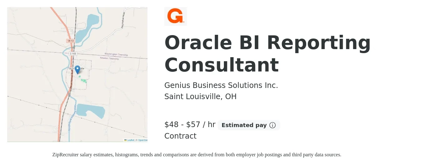 Genius Business Solutions Inc. job posting for a Oracle BI Reporting Consultant in Saint Louisville, OH with a salary of $50 to $60 Hourly with a map of Saint Louisville location.