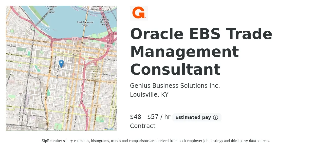 Genius Business Solutions Inc. job posting for a Oracle EBS Trade Management Consultant in Louisville, KY with a salary of $50 to $60 Hourly with a map of Louisville location.
