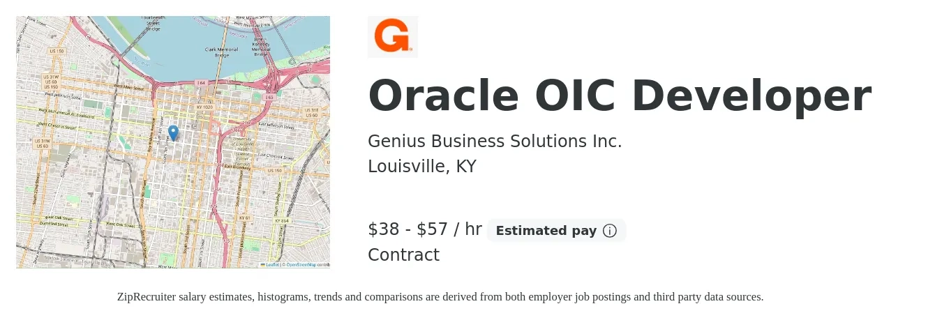 Genius Business Solutions Inc. job posting for a Oracle OIC Developer in Louisville, KY with a salary of $40 to $60 Hourly with a map of Louisville location.