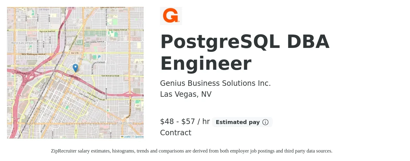 Genius Business Solutions Inc. job posting for a PostgreSQL DBA Engineer in Las Vegas, NV with a salary of $50 to $60 Hourly with a map of Las Vegas location.
