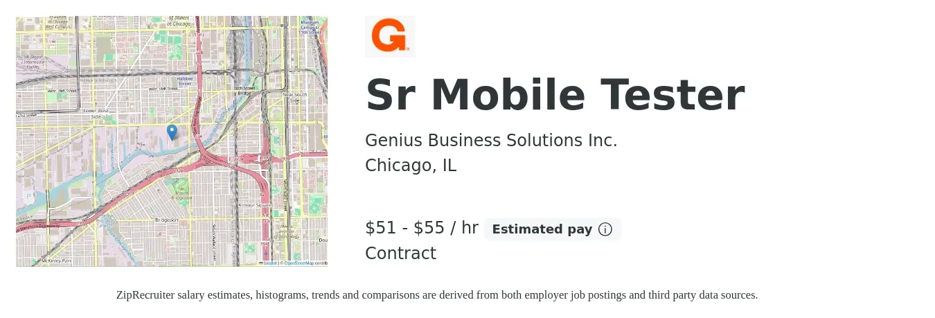 Genius Business Solutions Inc. job posting for a Sr Mobile Tester in Chicago, IL with a salary of $54 to $58 Hourly with a map of Chicago location.