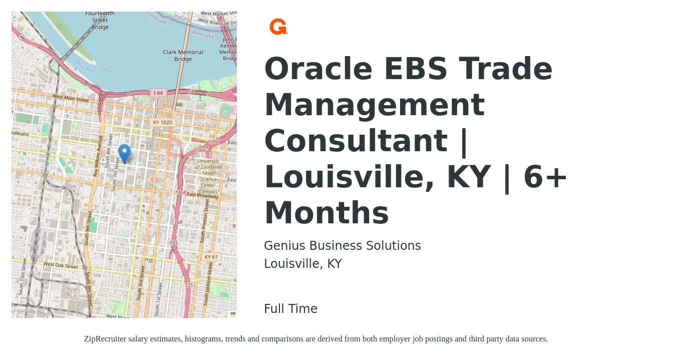 Genius Business Solutions job posting for a Oracle EBS Trade Management Consultant | Louisville, KY | 6+ Months in Louisville, KY with a salary of $58 to $72 Hourly with a map of Louisville location.