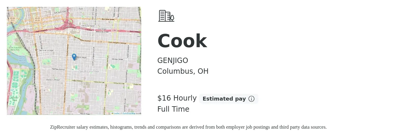 GENJIGO job posting for a Cook in Columbus, OH with a salary of $17 Hourly with a map of Columbus location.