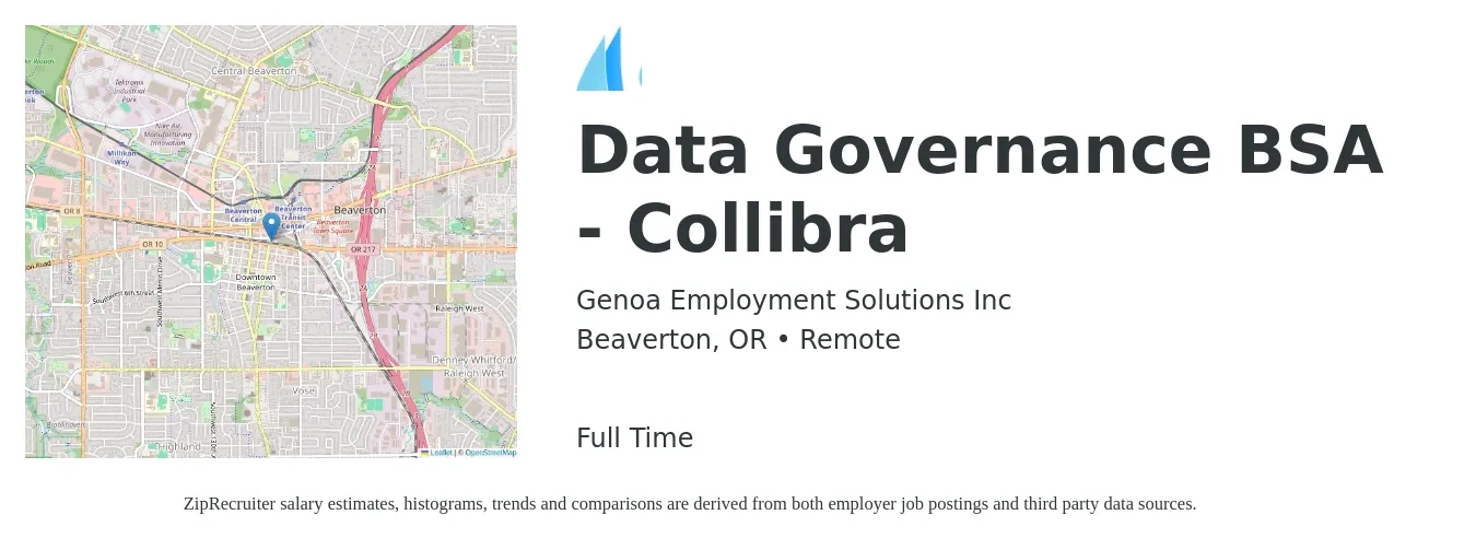 Genoa Employment Solutions Inc job posting for a Data Governance BSA - Collibra in Beaverton, OR with a salary of $44 to $72 Hourly with a map of Beaverton location.