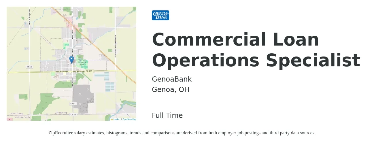 GenoaBank job posting for a Commercial Loan Operations Specialist in Genoa, OH with a salary of $18 to $29 Hourly with a map of Genoa location.