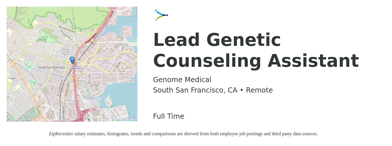 Genome Medical job posting for a Lead Genetic Counseling Assistant in South San Francisco, CA with a salary of $500 Daily with a map of South San Francisco location.