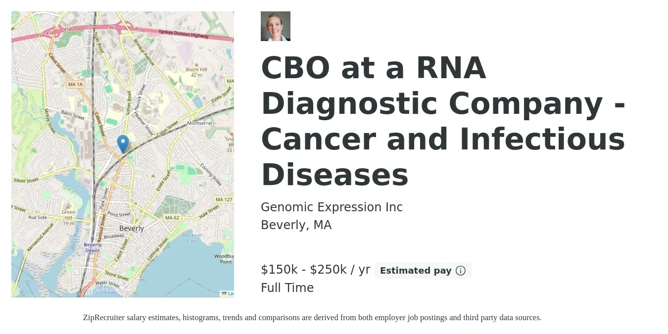 Genomic Expression Inc job posting for a CBO at a RNA Diagnostic Company - Cancer and Infectious Diseases in Beverly, MA with a salary of $150,000 to $250,000 Yearly with a map of Beverly location.