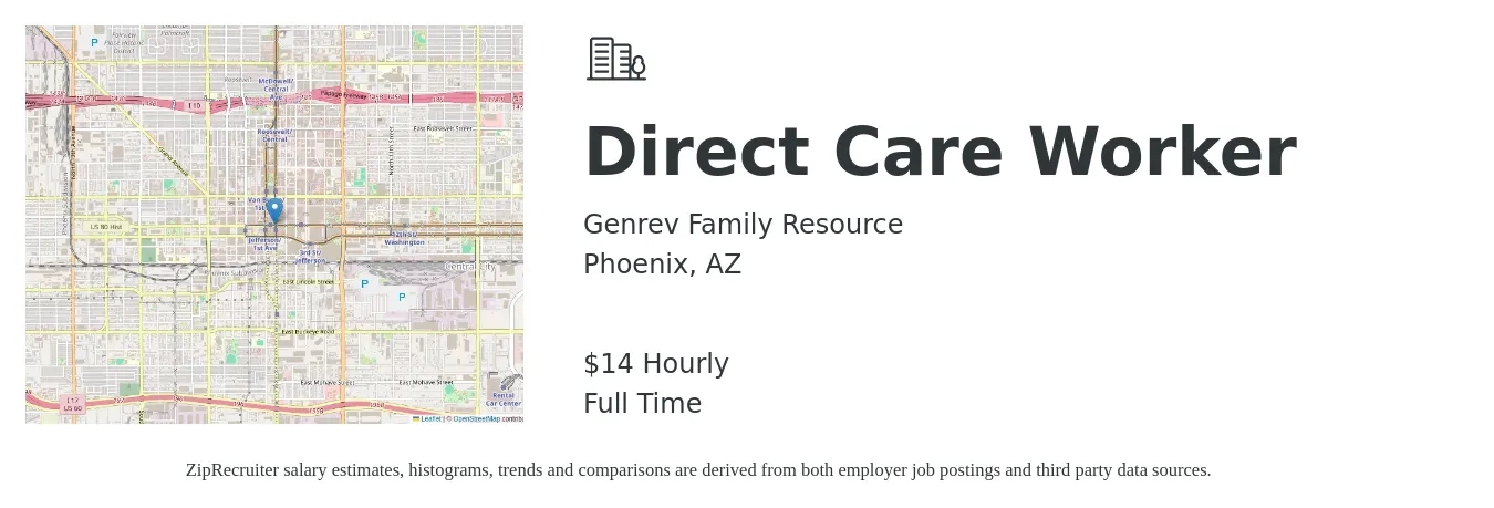 Genrev Family Resource job posting for a Direct Care Worker in Phoenix, AZ with a salary of $15 Hourly with a map of Phoenix location.