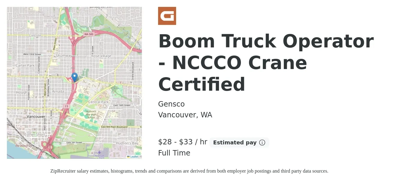 Gensco job posting for a Boom Truck Operator - NCCCO Crane Certified in Vancouver, WA with a salary of $30 to $35 Hourly with a map of Vancouver location.