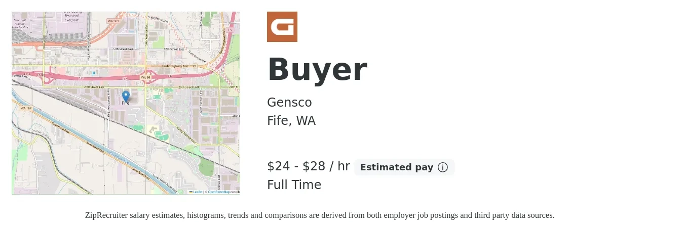 Gensco job posting for a Buyer in Fife, WA with a salary of $25 to $30 Hourly with a map of Fife location.