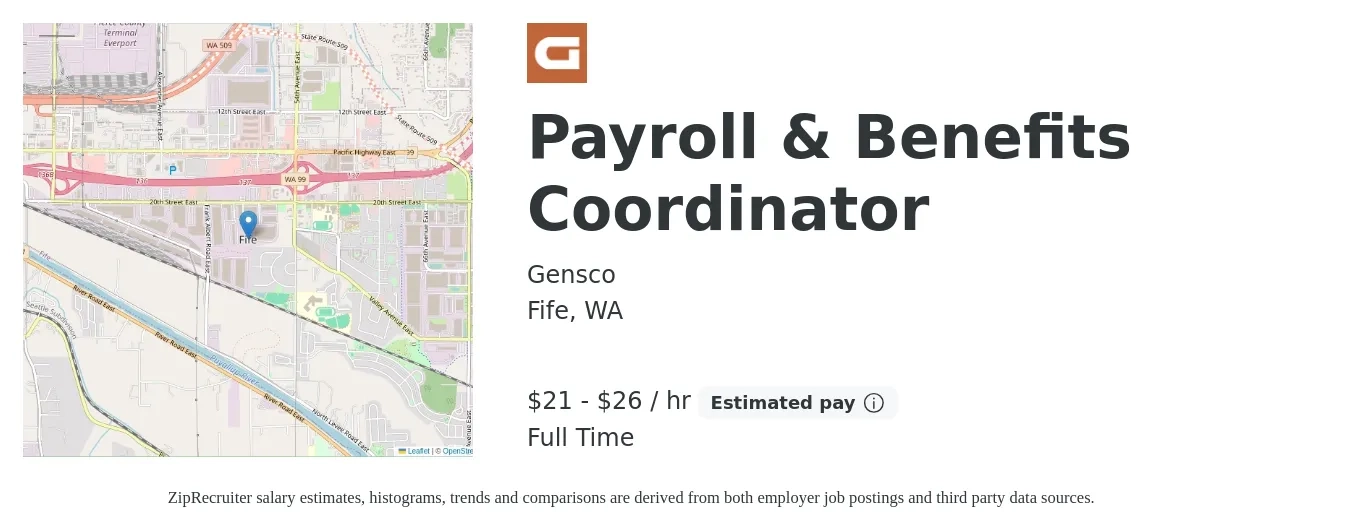Gensco job posting for a Payroll & Benefits Coordinator in Fife, WA with a salary of $22 to $28 Hourly with a map of Fife location.