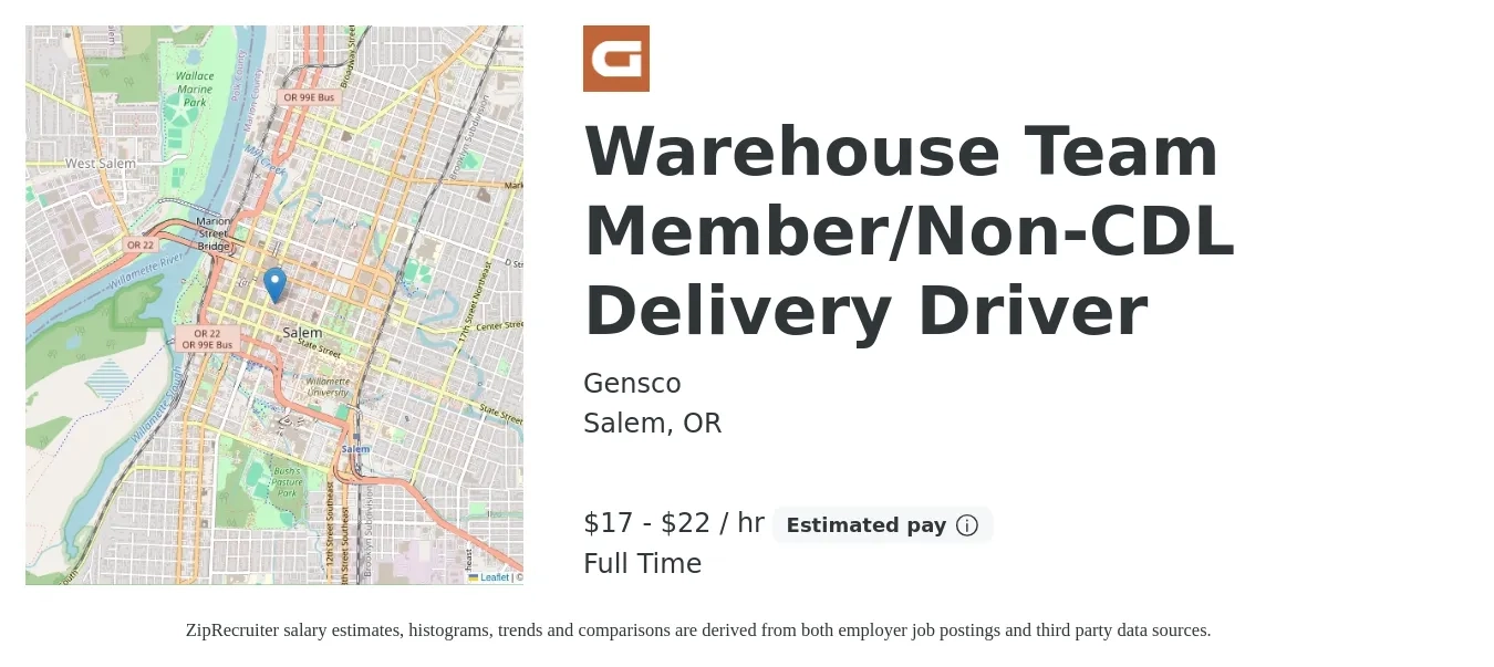 Gensco job posting for a Warehouse Team Member/Non-CDL Delivery Driver in Salem, OR with a salary of $18 to $23 Hourly with a map of Salem location.