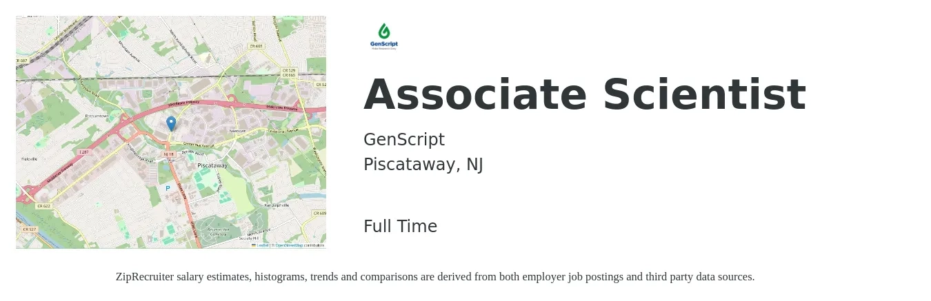 GenScript job posting for a Associate Scientist in Piscataway, NJ with a salary of $30 to $43 Hourly with a map of Piscataway location.