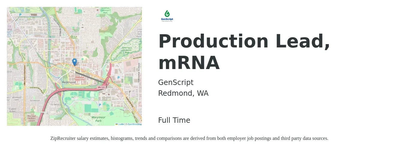 GenScript job posting for a Production Lead, mRNA in Redmond, WA with a salary of $21 to $29 Hourly with a map of Redmond location.