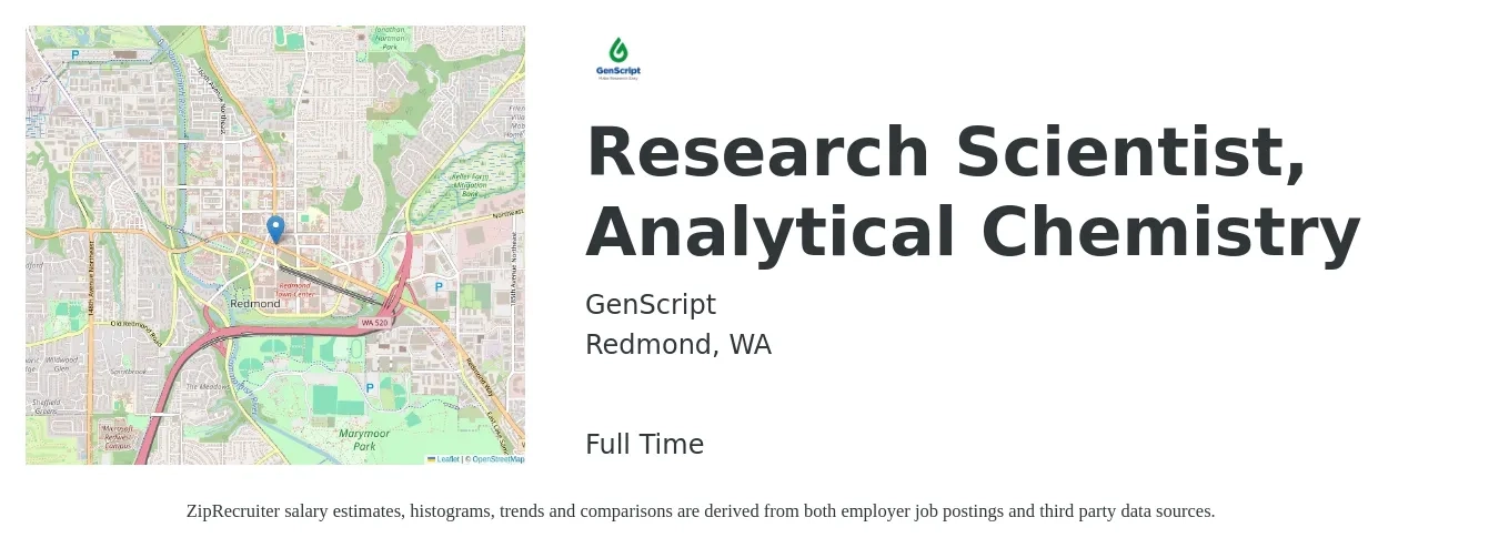 GenScript job posting for a Research Scientist, Analytical Chemistry in Redmond, WA with a salary of $31 to $47 Hourly with a map of Redmond location.