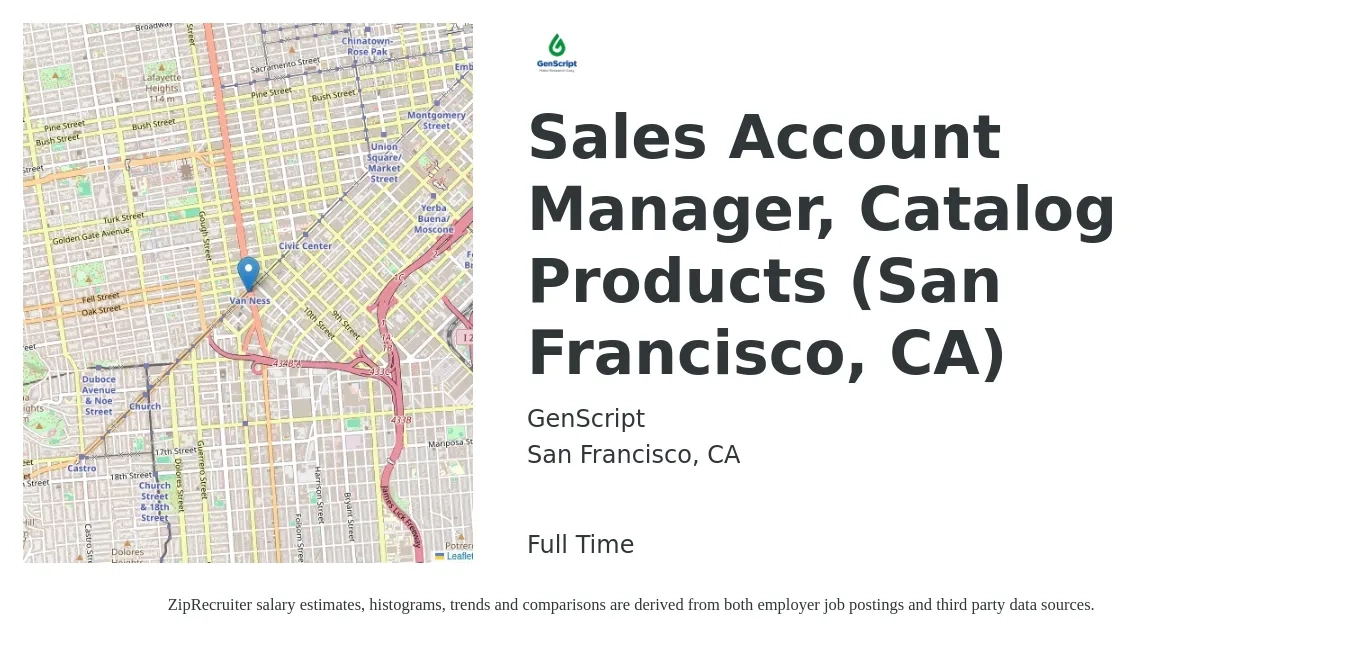 GenScript job posting for a Sales Account Manager, Catalog Products (San Francisco, CA) in San Francisco, CA with a salary of $59,500 to $94,300 Yearly with a map of San Francisco location.