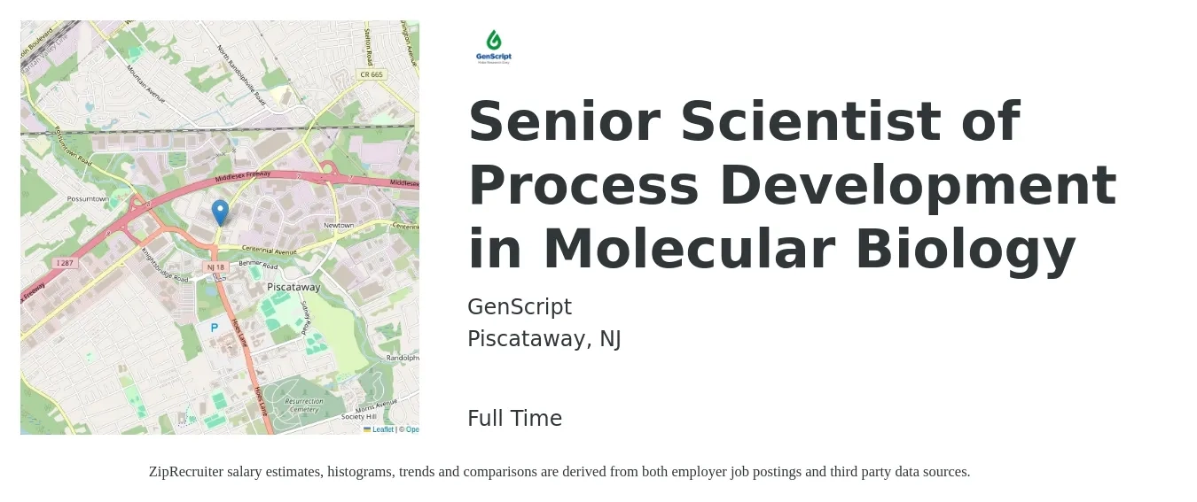 GenScript job posting for a Senior Scientist of Process Development in Molecular Biology in Piscataway, NJ with a salary of $93,200 to $127,400 Yearly with a map of Piscataway location.