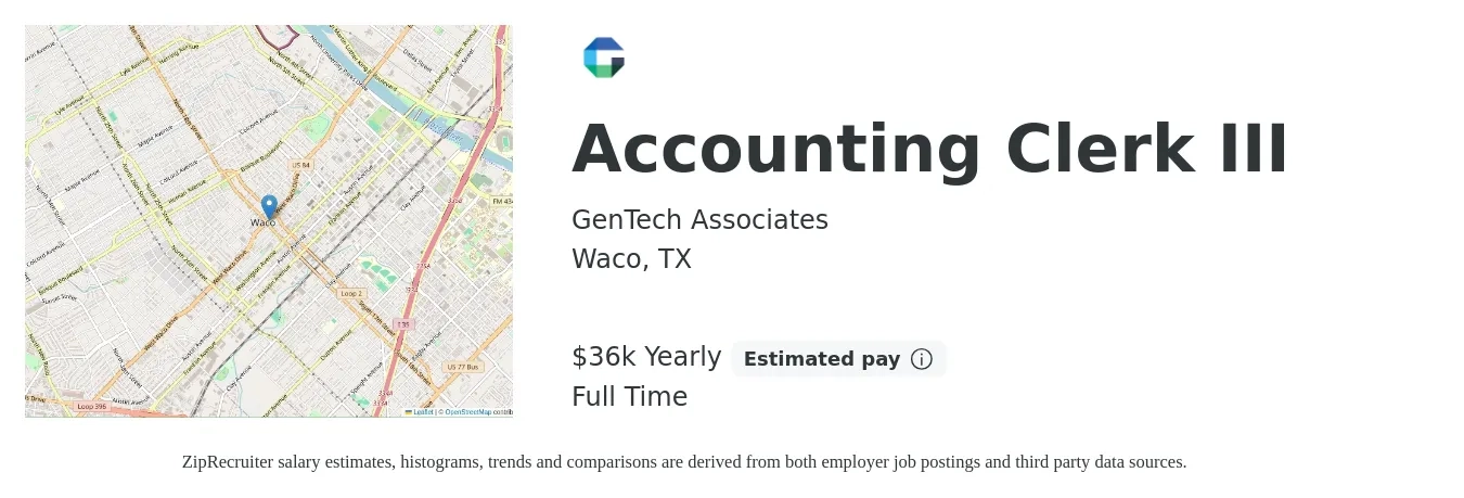GenTech Associates job posting for a Accounting Clerk III in Waco, TX with a salary of $36,000 Yearly with a map of Waco location.