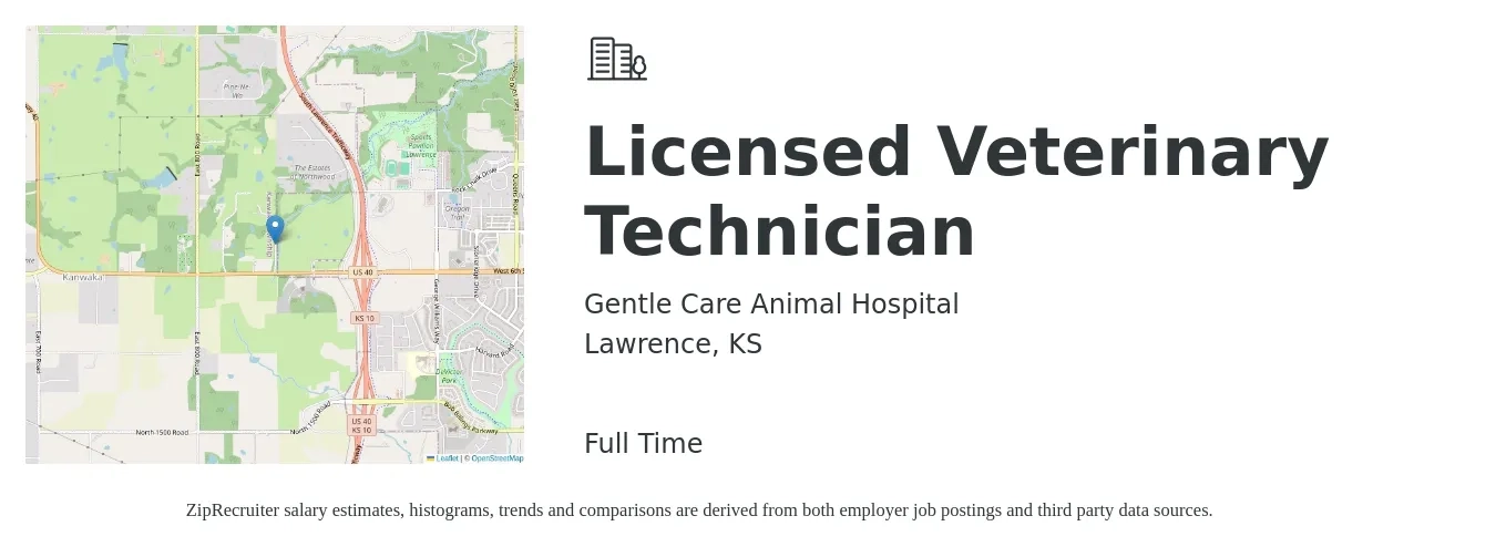 Gentle Care Animal Hospital job posting for a Licensed Veterinary Technician in Lawrence, KS with a salary of $17 to $24 Hourly with a map of Lawrence location.