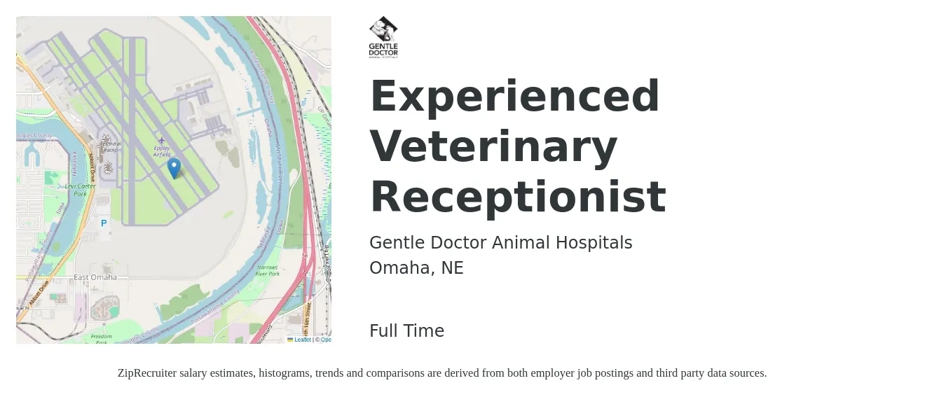 Gentle Doctor Animal Hospitals job posting for a Experienced Veterinary Receptionist in Omaha, NE with a salary of $15 Hourly with a map of Omaha location.