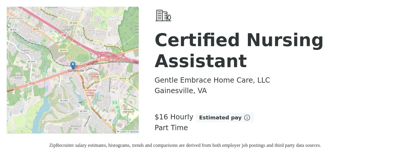 Gentle Embrace Home Care, LLC job posting for a Certified Nursing Assistant in Gainesville, VA with a salary of $17 Hourly with a map of Gainesville location.