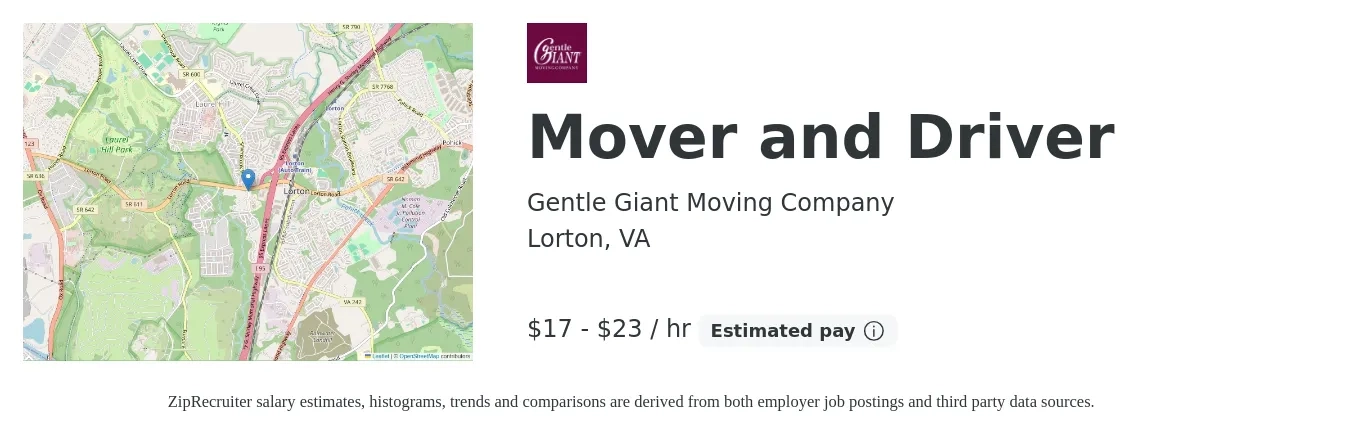 Gentle Giant Moving Company job posting for a Mover and Driver in Lorton, VA with a salary of $18 to $24 Hourly with a map of Lorton location.