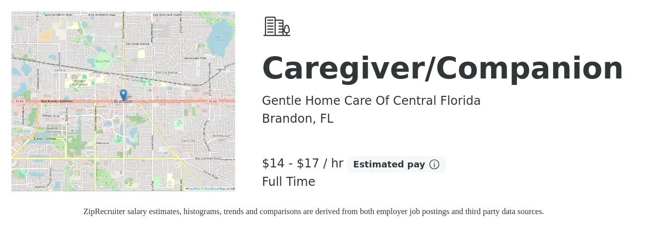 Gentle Home Care Of Central Florida job posting for a Caregiver/Companion in Brandon, FL with a salary of $15 to $18 Hourly with a map of Brandon location.