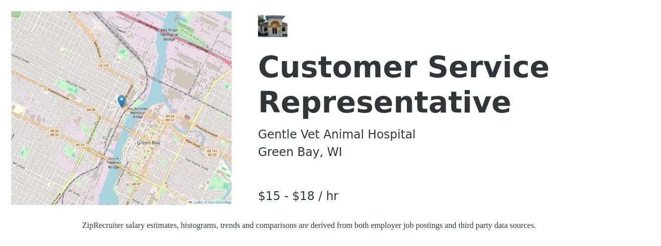 Gentle Vet Animal Hospital job posting for a Customer Service Representative in Green Bay, WI with a salary of $16 to $19 Hourly with a map of Green Bay location.