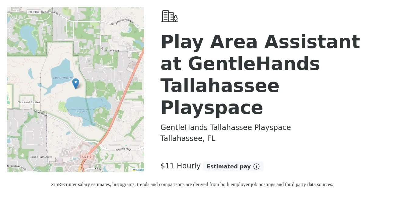 GentleHands Tallahassee Playspace job posting for a Play Area Assistant at GentleHands Tallahassee Playspace in Tallahassee, FL with a salary of $12 Hourly with a map of Tallahassee location.