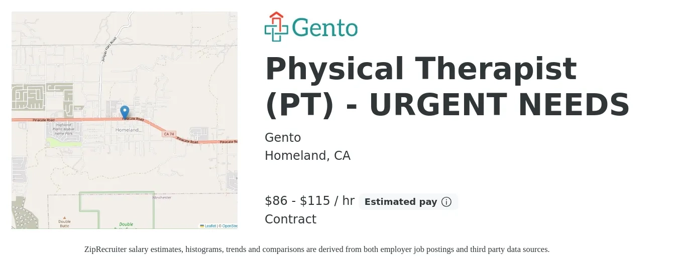 Gento job posting for a Physical Therapist (PT) - URGENT NEEDS in Homeland, CA with a salary of $90 to $120 Hourly with a map of Homeland location.