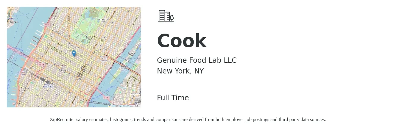 Genuine Food Lab LLC job posting for a Cook in New York, NY with a salary of $15 to $20 Hourly with a map of New York location.