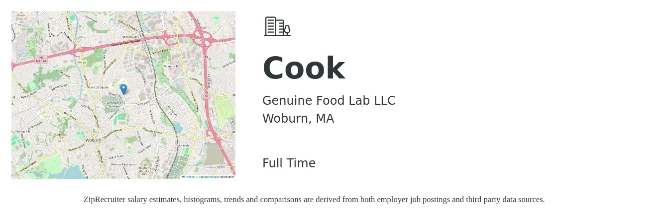 Genuine Food Lab LLC job posting for a Cook in Woburn, MA with a salary of $15 to $20 Hourly with a map of Woburn location.