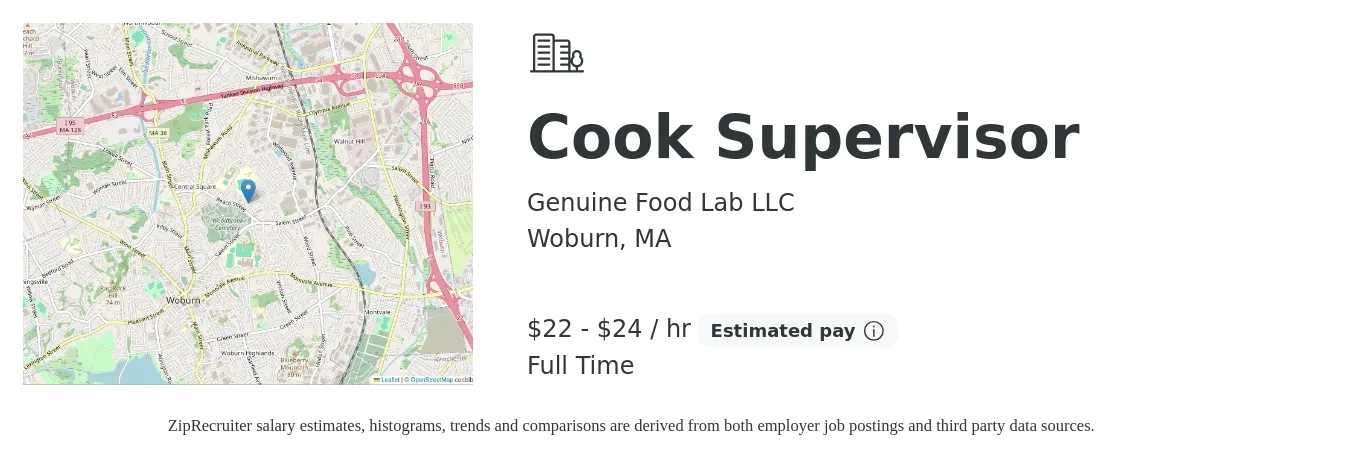 Genuine Food Lab LLC job posting for a Cook Supervisor in Woburn, MA with a salary of $26 to $37 Hourly with a map of Woburn location.