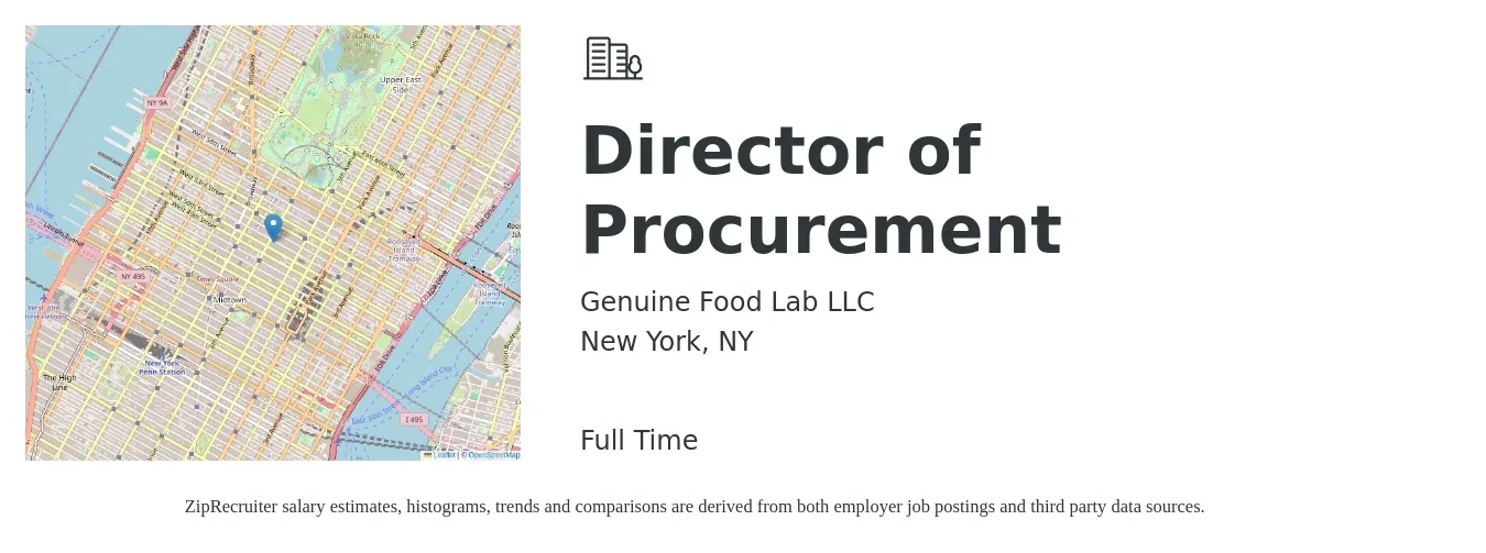Genuine Food Lab LLC job posting for a Director of Procurement in New York, NY with a salary of $112,100 to $178,300 Yearly with a map of New York location.