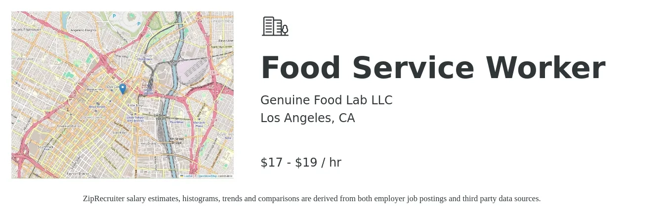 Genuine Food Lab LLC job posting for a Food Service Worker in Los Angeles, CA with a salary of $16 to $20 Hourly with a map of Los Angeles location.