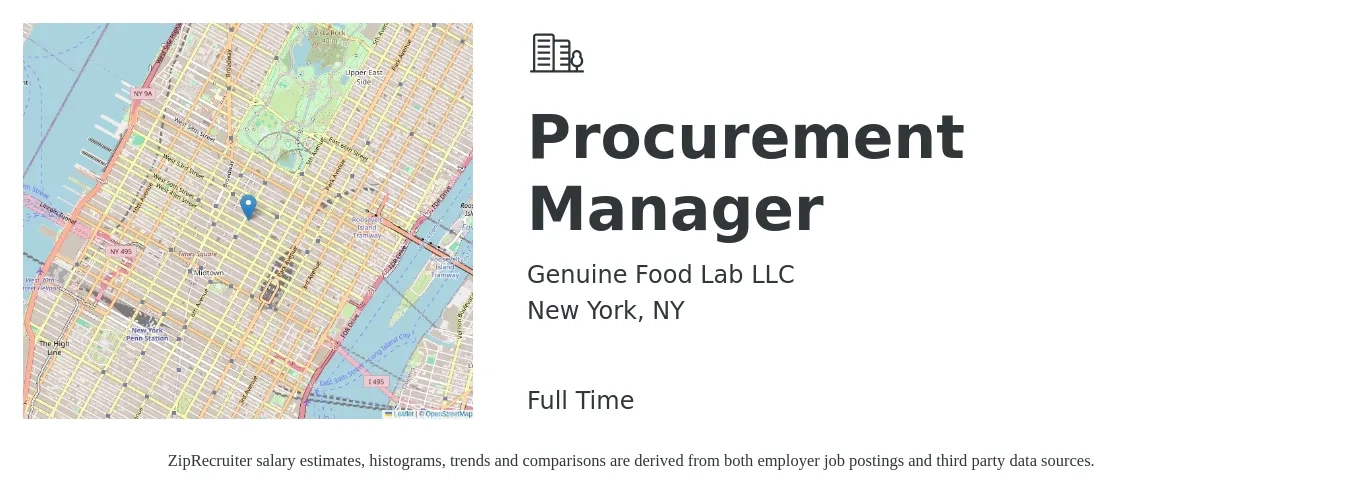 Genuine Food Lab LLC job posting for a Procurement Manager in New York, NY with a salary of $80,900 to $124,700 Yearly with a map of New York location.
