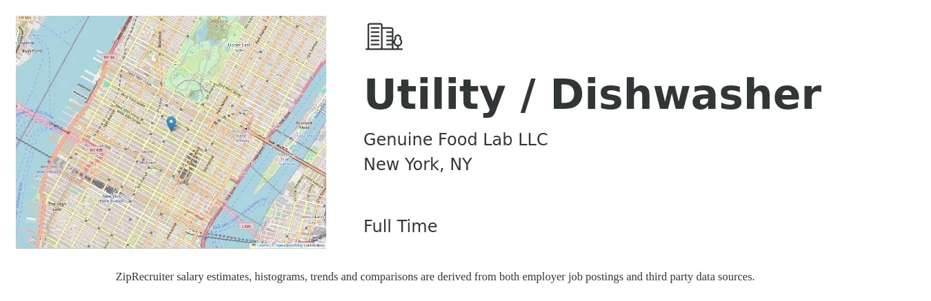 Genuine Food Lab LLC job posting for a Utility / Dishwasher in New York, NY with a salary of $14 to $18 Hourly with a map of New York location.