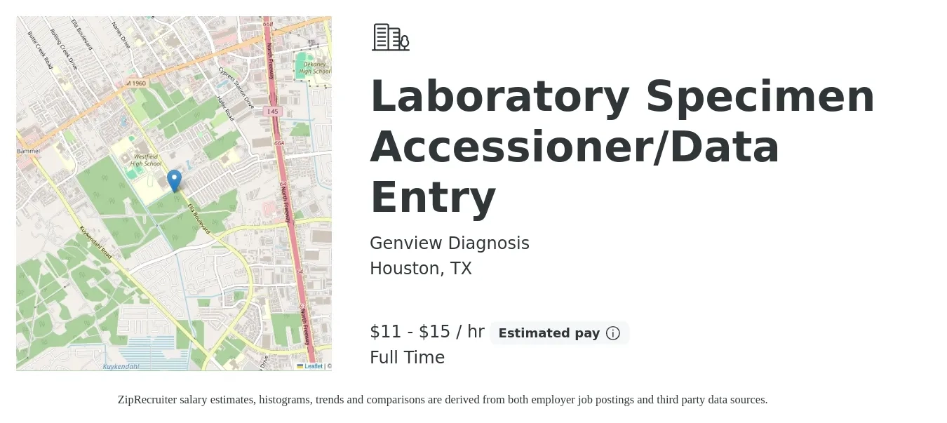 Genview Diagnosis job posting for a Laboratory Specimen Accessioner/Data Entry in Houston, TX with a salary of $12 to $16 Hourly with a map of Houston location.