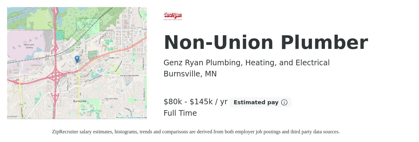 Genz Ryan Plumbing, Heating, and Electrical job posting for a Non-Union Plumber in Burnsville, MN with a salary of $50 to $60 Hourly with a map of Burnsville location.