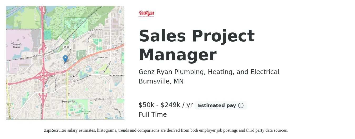 Genz Ryan Plumbing, Heating, and Electrical job posting for a Sales Project Manager in Burnsville, MN with a salary of $50,000 to $249,999 Yearly with a map of Burnsville location.