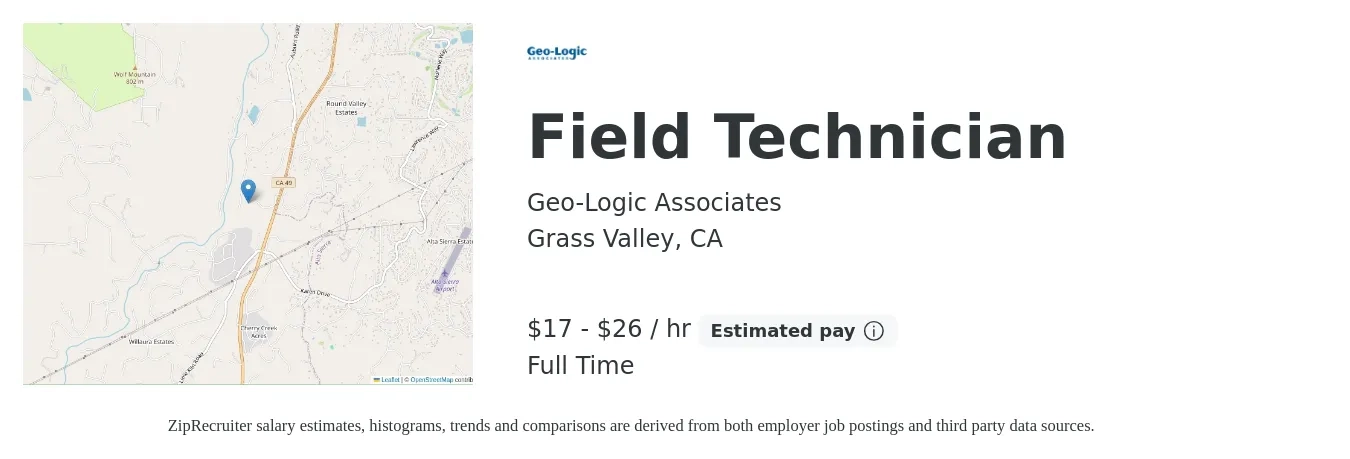 Geo-Logic Associates job posting for a Field Technician in Grass Valley, CA with a salary of $18 to $28 Hourly with a map of Grass Valley location.