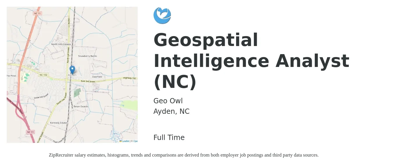 Geo Owl job posting for a Geospatial Intelligence Analyst (NC) in Ayden, NC with a salary of $46,300 to $67,900 Yearly with a map of Ayden location.