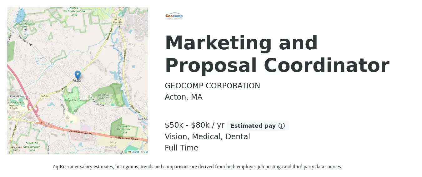 Geocomp, Inc. job posting for a Marketing and Proposal Coordinator in Acton, MA with a salary of $50,000 to $80,000 Yearly and benefits including retirement, vision, dental, and medical with a map of Acton location.